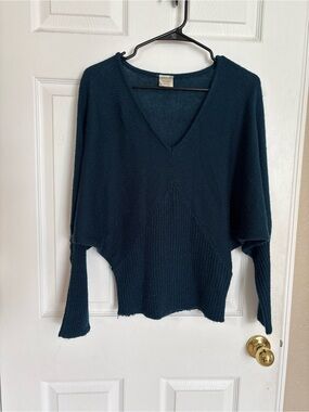 Inked & Faded Teal Batwing V-Neck Knit Sweater Medium Dolman Boho Oversized